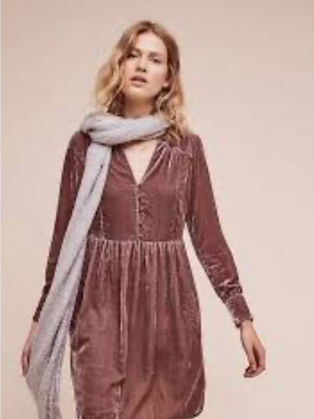Long Sleeve Velvet Babydoll Dress in Dusty Rose